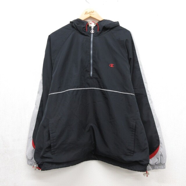 XL★古着 チャンピオン Champion 長袖 ジャケット ハーフジップ ナイロン パーカー メンズ 00年代 00s リフレクター ラグラン ブラック【spe】 26sep28