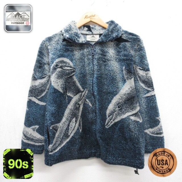ブラックマウンテン 90s フルジップパーカー イルカ総柄 ネイビー メンズXS相当 | 古着