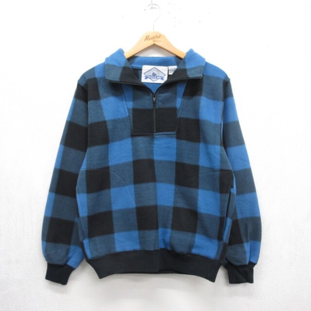 XS★古着 TRADER BAY 長袖 ジャケット ハーフジップ メンズ 90年代 90s バッファローチェック フリース ポリエステル ブルー【spe】 26oct05