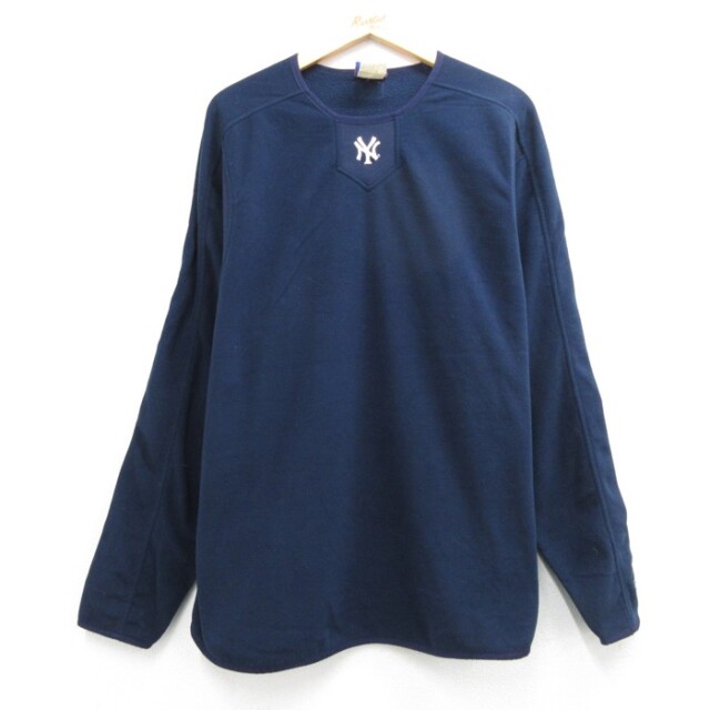 L★古着 マジェスティック Majestic 長袖 ジャケット メンズ 00年代 00s MLB ニューヨークヤンキース メジャーリーグ ベースボール 野球 フリース ポリエステル クルーネック ネイビー 26oct06