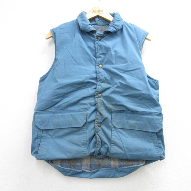 S★古着 ウールリッチ Woolrich メンズ 80年代 80s ベスト リバーシブル ウール ライトブルー チェック USA製 26oct06