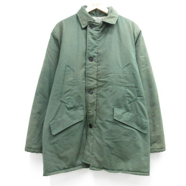 L★古着 長袖 ジャケット メンズ 80年代 80s ロング丈 キルティング フラップポケット グリーン 26oct06