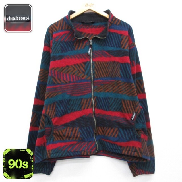 XL★古着 chuck roast 長袖 ジャケット フルジップ メンズ 90年代 90s ポーラテック POLARTEC ポリエステル 総柄 レッド【spe】 26oct08