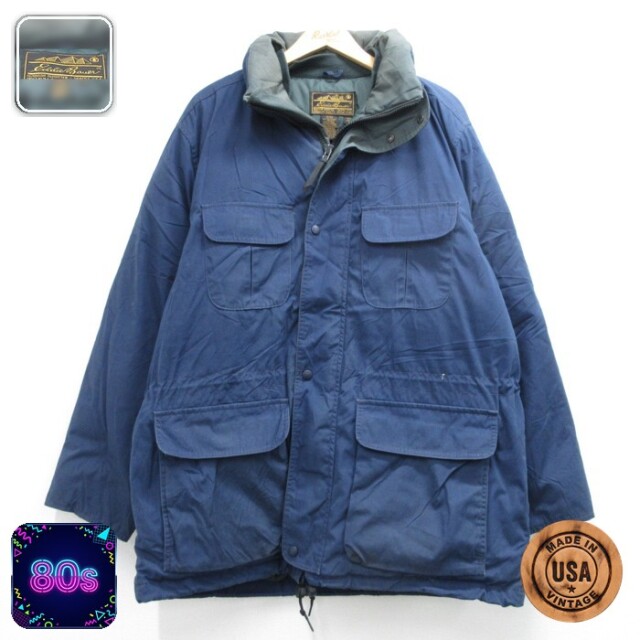 XL★古着 Eddie Bauer エディーバウアー 長袖 ジャケット メンズ 80年代 80s ダウン ロング フラップポケット USA製 ネイビー【spe】 26oct08