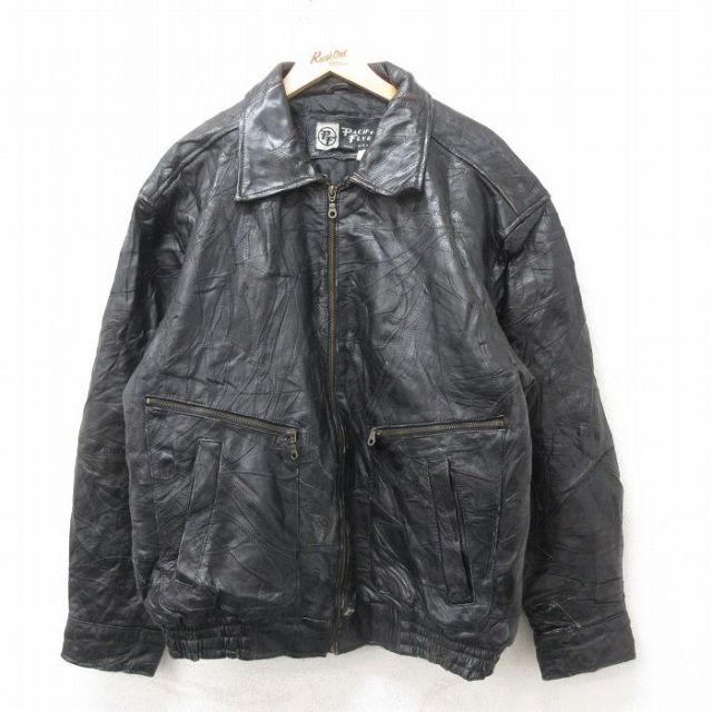 XL★古着 長袖 レザー ジャケット メンズ パッチワーク 黒 ブラック 25feb10 中古 アウター 革ジャン 皮ジャン