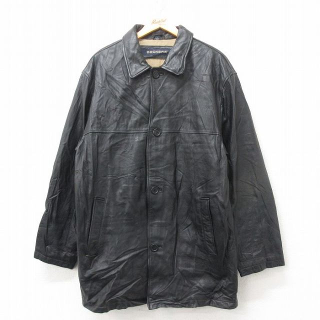 XL★古着 ドッカーズ 長袖 レザー ジャケット メンズ ロング丈 黒 ブラック 25feb20 中古 アウター 革ジャン 皮ジャン