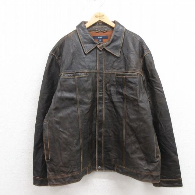 XL★古着 ギャップ GAP 長袖 レザー ジャケット メンズ 大きいサイズ こげ茶 ブラウン 25sep29 中古 アウター 革ジャン 皮ジャン