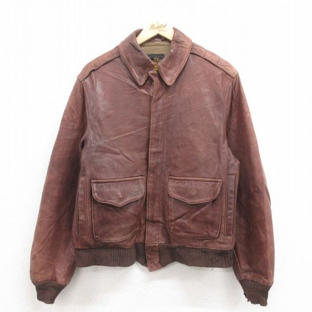 L★古着 アビレックス アヴィレックス 長袖 ミリタリー レザー ジャケット メンズ 90年代 90s A-2 こげ茶 ブラウン 25sep29 中古 アウター 革ジャン 皮ジャン