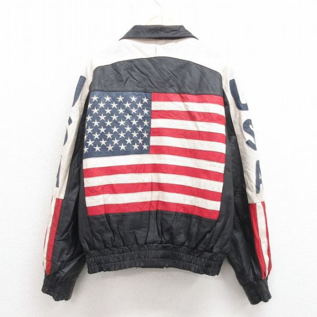 古着通販 XL☆古着 長袖 レザー ジャケット メンズ 星条旗 黒【spe】 