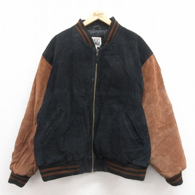XL★古着 ベーシックエディションズ 長袖 スエード レザー ジャケット メンズ 00年代 00s ツートンカラー 黒他 ブラック 内側キルティング 25sep29 中古 アウター 革ジャン 皮ジャン