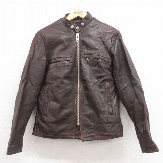 古着 長袖 ビンテージ レザー ジャケット メンズ 70年代 70s シングルライダース USA製 タロン こげ茶 ブラウン 内側ボア spe  中古 古着 古着通販 XS☆古着 長袖 ビンテージ レザー ジャケット メンズ 70年代