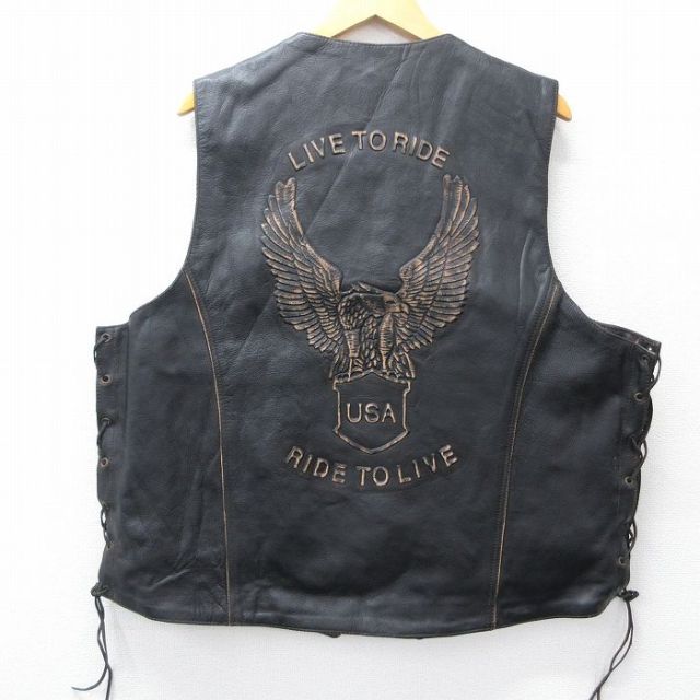 XL★古着 レザー ベスト メンズ 鳥 大きいサイズ 黒 ブラック 25oct06 中古 アウター