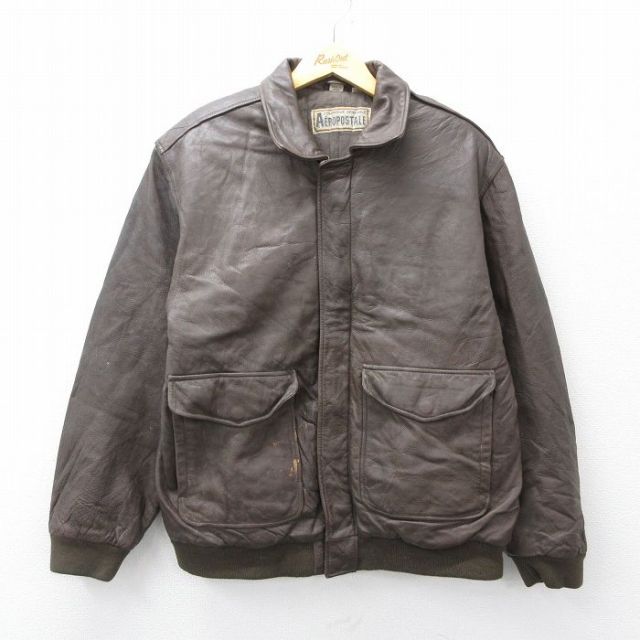 XL★古着 エアロポステール AEROPOSTALE 長袖 レザー ジャケット メンズ 00年代 00s 濃茶 ブラウン 25oct06 中古 アウター 革ジャン 皮ジャン
