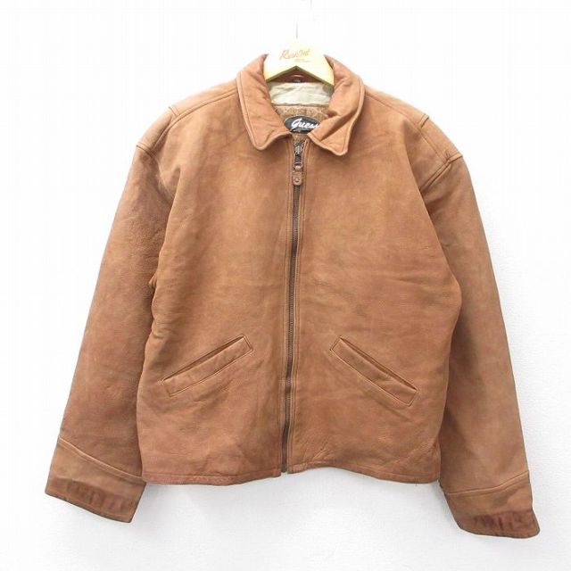XL★古着 ゲス GUESS 長袖 ブランド レザー ジャケット メンズ 茶系 ブラウン 25oct06 中古 アウター 革ジャン 皮ジャン