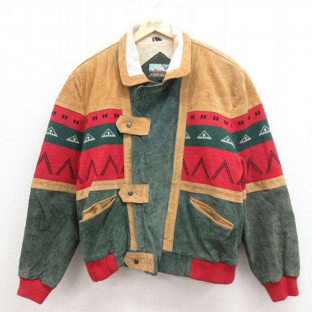 XL★古着 長袖 スエード レザー ジャケット メンズ 00年代 00s マルチカラー 緑 グリーン 内側ボア 25oct04 中古 アウター 革ジャン 皮ジャン