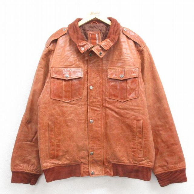 XL★古着 長袖 レザー ジャケット メンズ 茶 ブラウン 内側キルティング 25oct04 中古 アウター 革ジャン 皮ジャン
