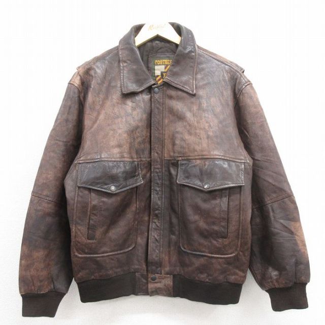 L★古着 長袖 レザー ジャケット メンズ こげ茶 ブラウン 内側キルティング 25oct04 中古 アウター 革ジャン 皮ジャン