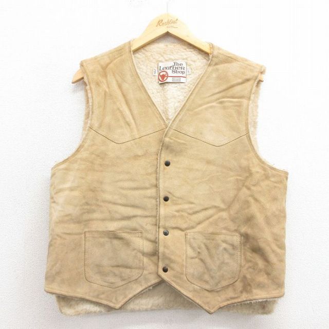 L★古着 シアーズ スエード レザー ボア ベスト メンズ 80年代 80s 薄ベージュ カーキ 25oct04 中古 アウター