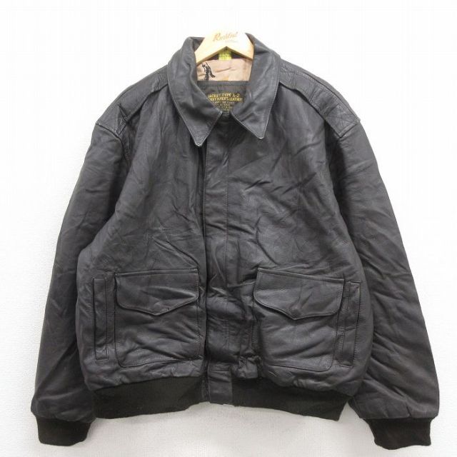 XL★古着 長袖 レザー ジャケット メンズ ミリタリー A-2 黒 ブラック 25oct04 中古 アウター 革ジャン 皮ジャン