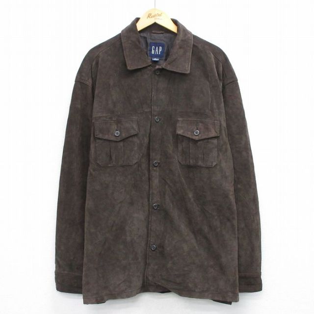 XL★古着 ギャップ GAP 長袖 レザー ジャケット メンズ 00年代 00s 大きいサイズ ロング丈 茶 ブラウン 25oct27 中古 アウター 革ジャン 皮ジャン