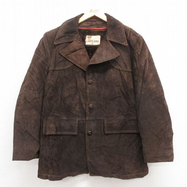 L★古着 LAKELAND 長袖 スエード レザー ジャケット メンズ 80年代 80s こげ茶 内側ボア 25nov12