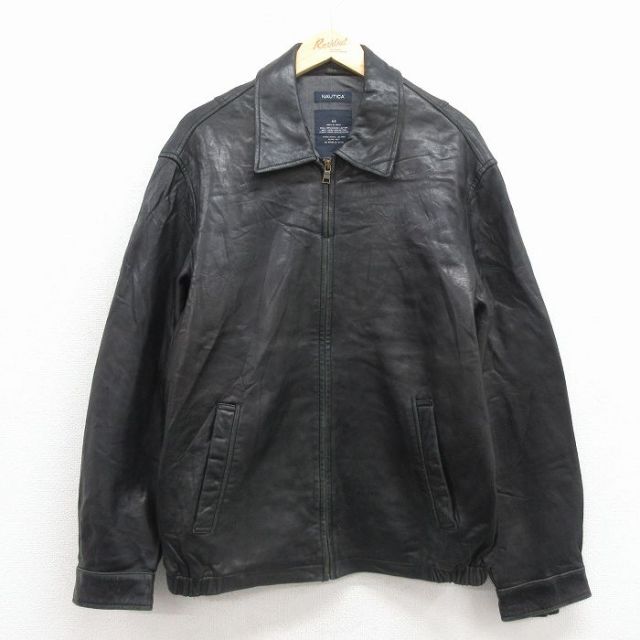 XL★古着 ノーティカ 長袖 ブランド レザー ジャケット メンズ ワンポイントロゴ 黒 25dec17