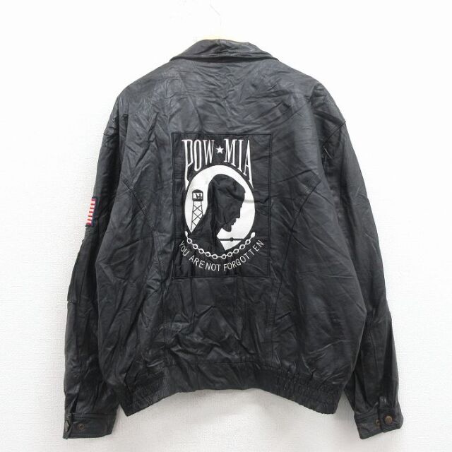 XL★古着 長袖 レザー ジャケット メンズ POWMIA 大きいサイズ 黒 内側キルティング 25dec19