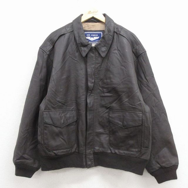 XL★古着 長袖 レザー ジャケット メンズ エアフォース 大きいサイズ こげ茶 26jan22