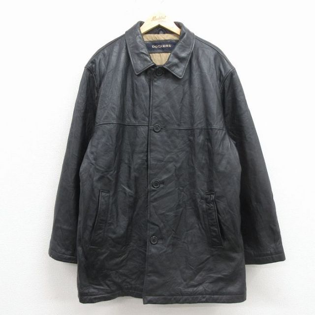 XL★古着 ドッカーズ 長袖 レザー ジャケット コート メンズ ロング丈 カウレザー 大きいサイズ 黒【spe】 26jan22