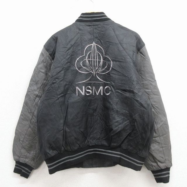 XL★古着 長袖 レザー ジャケット メンズ NSMC 刺繍 ツートンカラー 黒他 26jan22