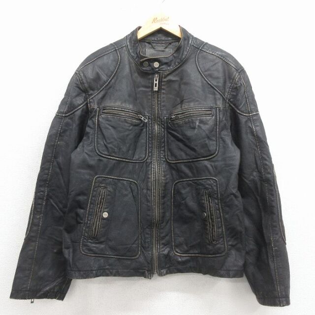 m*e様 古着 ゲス Guess レザーブルゾン　XL 古着通販 L☆古着 ゲス GUESS 長袖 レザー ジャケット メンズ 黒 内側