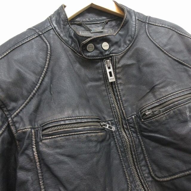 古着通販 L☆古着 ゲス GUESS 長袖 レザー ジャケット メンズ 黒 内側