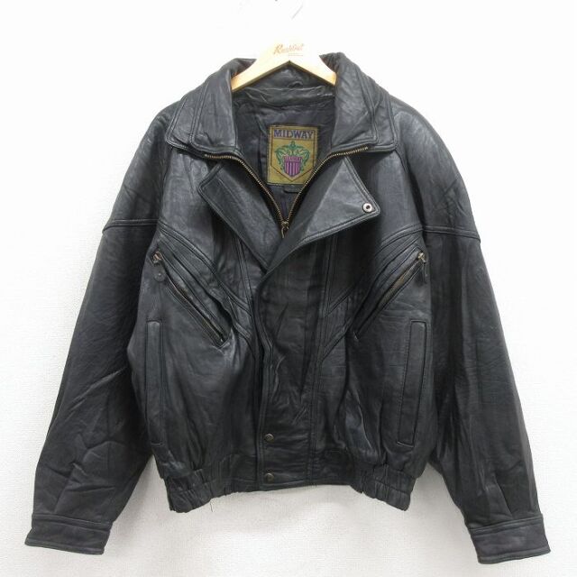 XL★古着 長袖 レザー ジャケット メンズ ラグラン 黒 26jan24