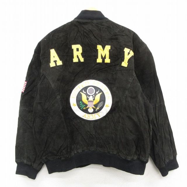 XL★古着 長袖 スエード レザー ジャケット メンズ ミリタリー アーミー ＡＲＭＹ 大きいサイズ 黒 内側キルティング 26feb13
