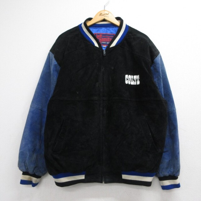 XL★古着 ジェフハミルトン Jeff Hamilton 長袖 レザー ジャケット メンズ 00年代 00s インディアナポリスコルツ アメフト スーパーボウル 大きいサイズ スエード NFL クルーネック ブラック【spe】 26sep15