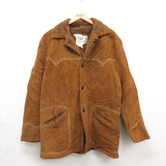 XL★古着 Pioneer Wear 長袖 レザー ジャケット メンズ 80年代 80s 大きいサイズ ロング丈 スエード 開襟 ブラウン【spe】 26sep16
