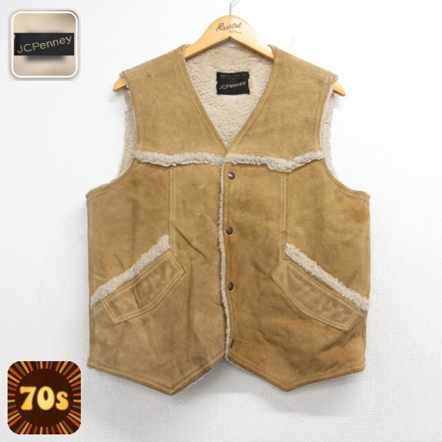 M★古着 JCペニー JCPenney レザー メンズ 70年代 70s ボア ベスト スエード ベージュ【spe】 26oct08