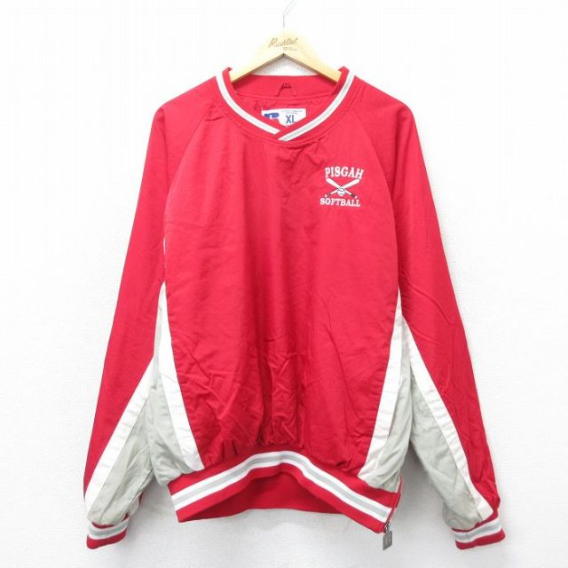 XL★古着 ラッセル 長袖 ナイロン ジャケット メンズ 00年代 00s ソフトボール 大きいサイズ ラグラン Vネック 赤他 レッド 内側メッシュ 24apr25 中古 アウター ウインドブレーカー