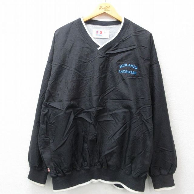【50%OFF】XL★古着 長袖 ナイロン ジャケット メンズ 90年代 90s MIDLAKES ラクロス Vネック USA製 黒 ブラック 内側メッシュ 24dec11 中古 アウター ウインドブレーカー