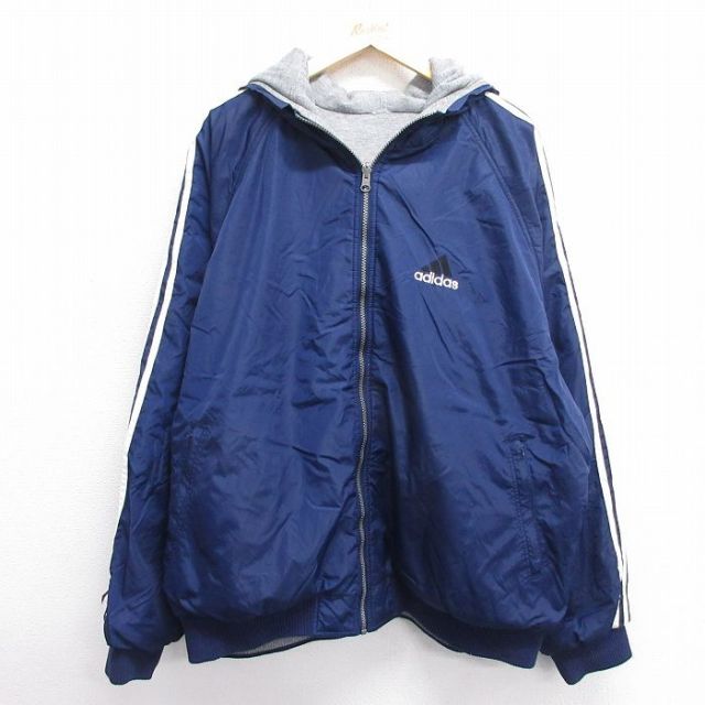 XL★古着 アディダス adidas 長袖 ナイロン ジャケット パーカー メンズ 90年代 90s ビッグロゴ リバーシブル ラグラン 大きいサイズ 紺他 ネイビー 【spe】 25feb06 中古 アウター ウインドブレーカー