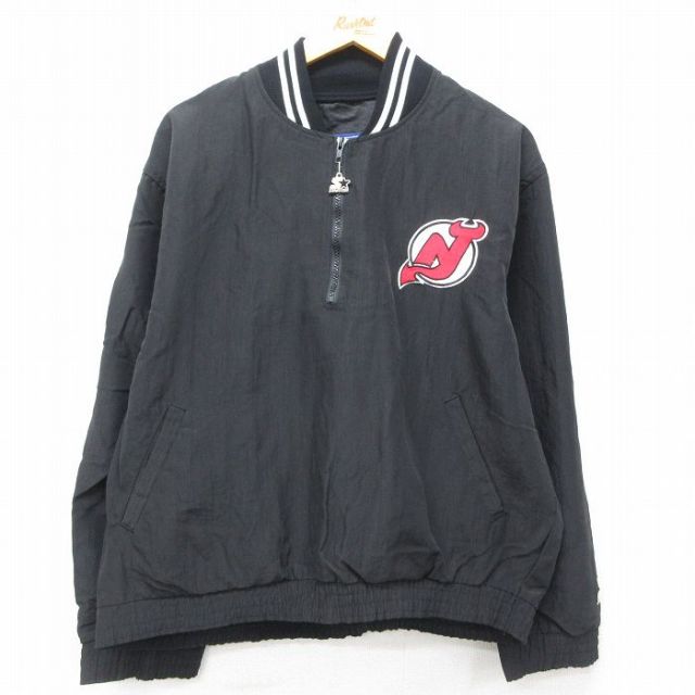 XL★古着 スターター STARTER 長袖 ハーフジップ ナイロン ジャケット メンズ 90年代 90s NHL ニュージャージーデビルズ 大きいサイズ USA製 黒 ブラック アイスホッケー 【spe】 25feb06 中古 アウター ウインドブレーカー