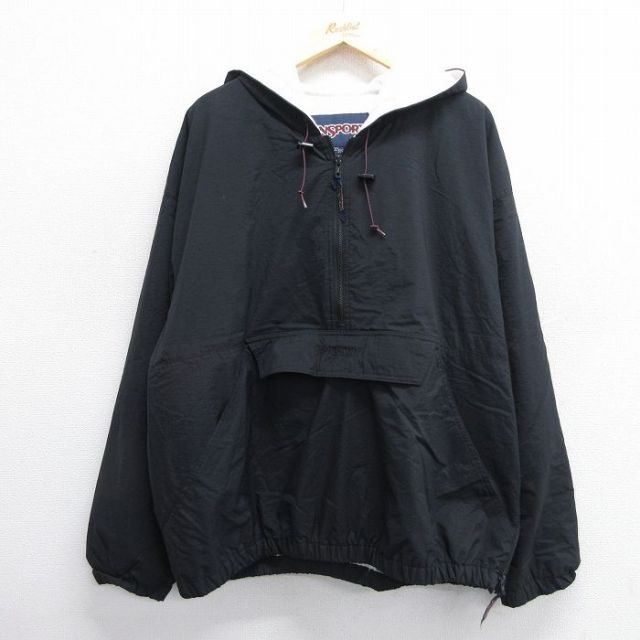 XL★古着 ジャンスポーツ 長袖 ハーフジップ ナイロン ジャケット パーカー メンズ 00年代 00s ワンポイントロゴ 大きいサイズ 黒 ブラック 25feb12 中古 アウター ウインドブレーカー