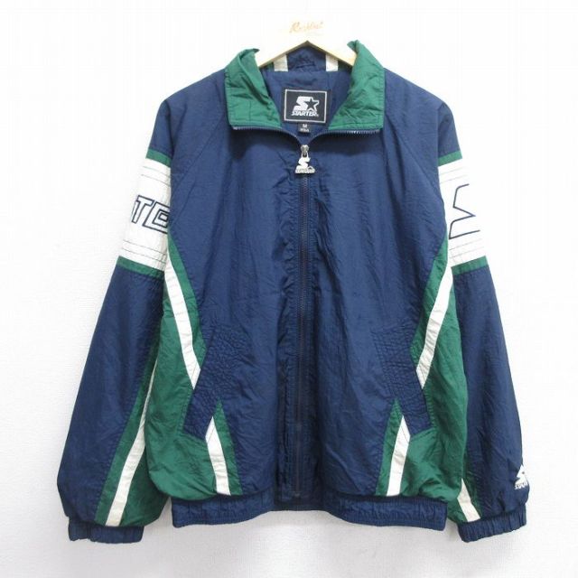 【50%OFF】XL★古着 スターター STARTER 長袖 ナイロン ジャケット メンズ 90年代 90s ビッグロゴ 刺繍 紺他 ネイビー 内側メッシュ 【spe】 25feb14 中古 アウター ウインドブレーカー