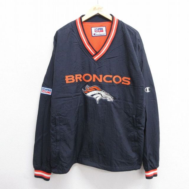 XL★古着 チャンピオン Champion 長袖 ナイロン ジャケット メンズ 00年代 00s NFL デンバーブロンコス 刺繍 Vネック 濃紺 ネイビー 内側メッシュ アメフト スーパーボウル 25feb14 中古 アウター ウインドブレーカー