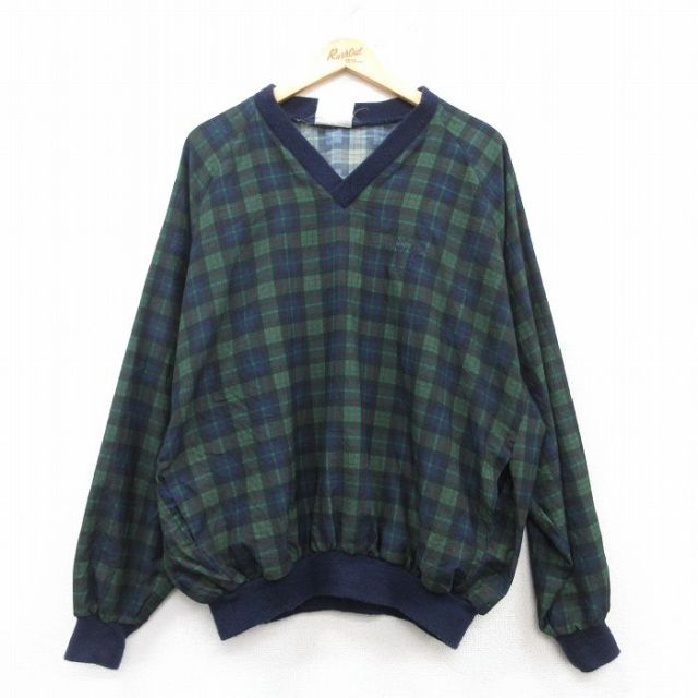 XL★古着 長袖 ナイロン ジャケット メンズ 90年代 90s SUNDERLAND 大きいサイズ ラグラン Vネック 紺他 ネイビー チェック 25feb15 中古 アウター ウインドブレーカー