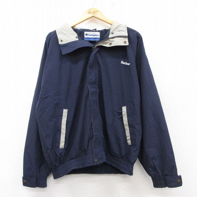 XL★古着 チャンピオン Champion 長袖 ナイロン ジャケット メンズ リーバー 紺 ネイビー 25feb20 中古 アウター ウインドブレーカー