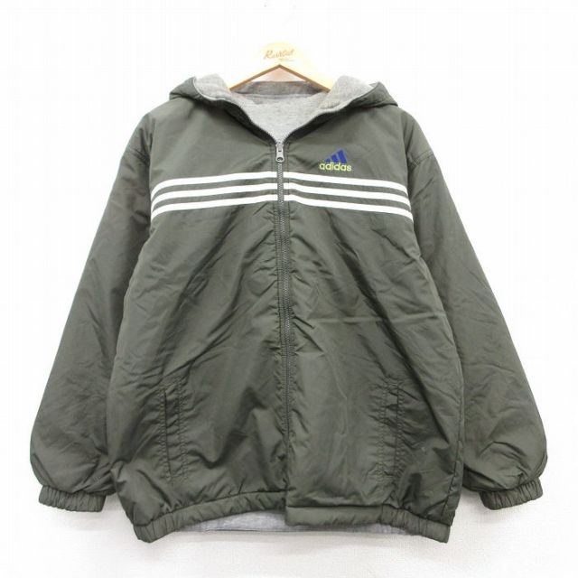 【50%OFF】M★古着 アディダス adidas 長袖 ナイロン ジャケット パーカー メンズ 90年代 90s ビッグロゴ 刺繍 リバーシブル 緑他 グリーン 3本ライン 25feb20 中古 アウター ウインドブレーカー
