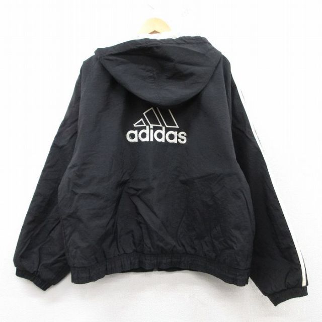 XL★古着 アディダス adidas 長袖 ナイロン ジャケット パーカー メンズ 90年代 90s ビッグロゴ 刺繍 黒他 ブラック 25feb20 中古 アウター ウインドブレーカー