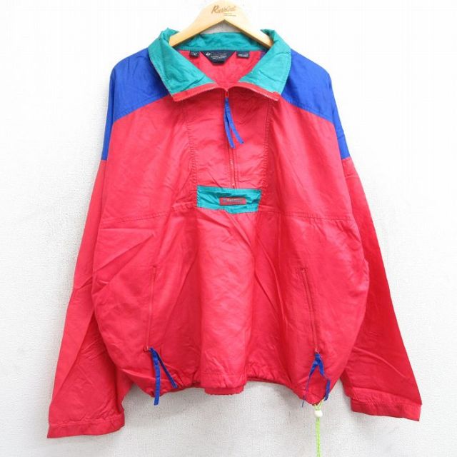 XL★古着 コロンビア COLUMBIA 長袖 ハーフジップ ナイロン ジャケット メンズ 90年代 90s リップストップ 大きいサイズ 赤他 レッド 25feb22 中古 アウター ウインドブレーカー