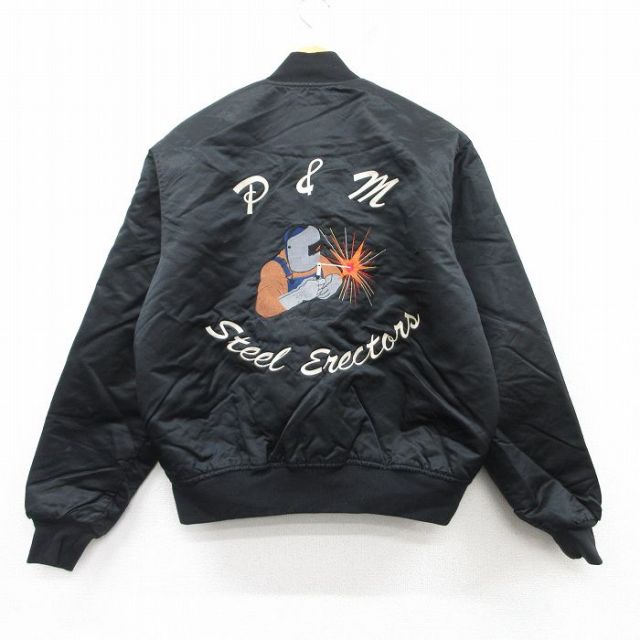 L★古着 長袖 ナイロン ジャケット メンズ 90年代 90s P&M 刺繍 USA製 黒 ブラック 内側キルティング 25mar04 中古 アウター ウインドブレーカー